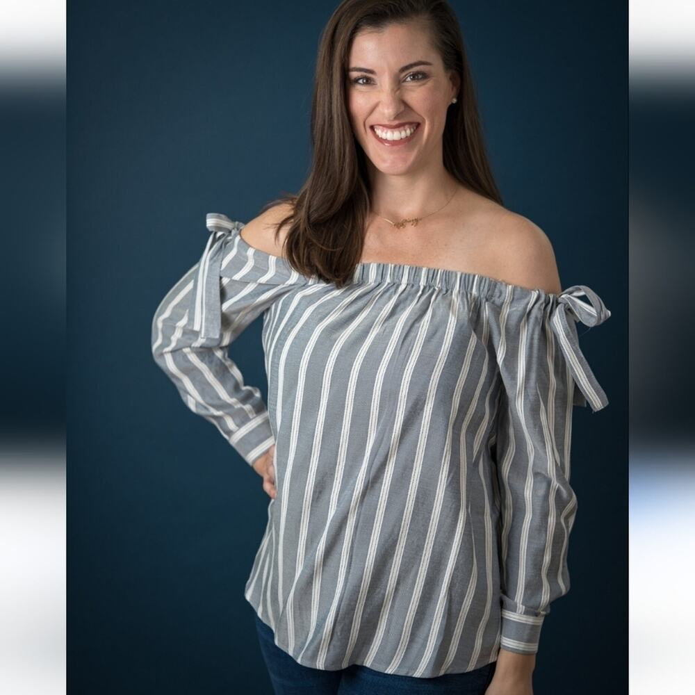 NWT Doe & Rae Off-Shoulder Bow Striped Peasant Blouse sz.S  #1246